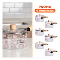 Pack6 Marmita de Vidrio con Tapa de Borosilicato y Asa Larga de Madera Transparente Flores